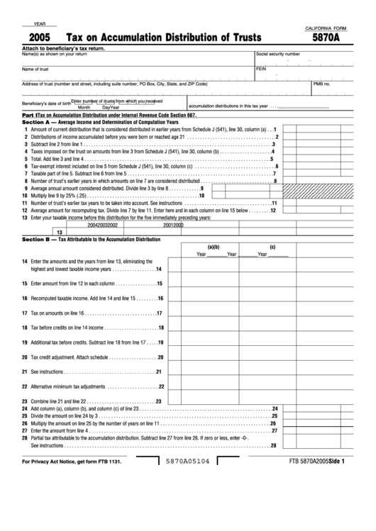 California Form 5870a - Tax On Accumulation Distribution Of Trusts - 2005 Printable pdf