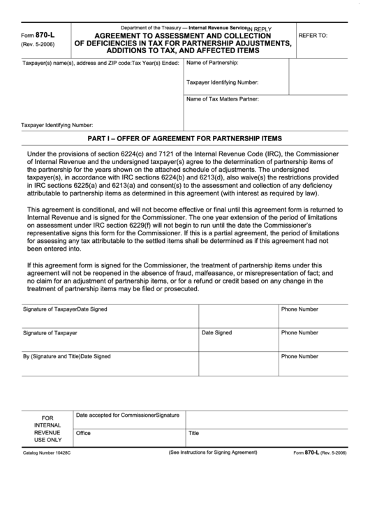 Fillable Form 870-L - Agreement To Assessment And Collection Of Deficiencies In Tax For Partnership Adjustments, Additions To Tax, And Affected Items Printable pdf