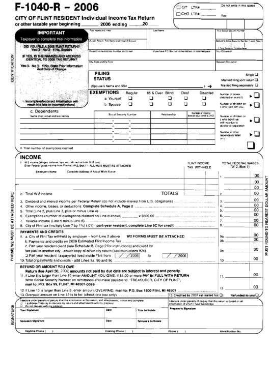 Form F-1040-R - City Of Flint Resident Individual Income Tax Return - 2006 Printable pdf