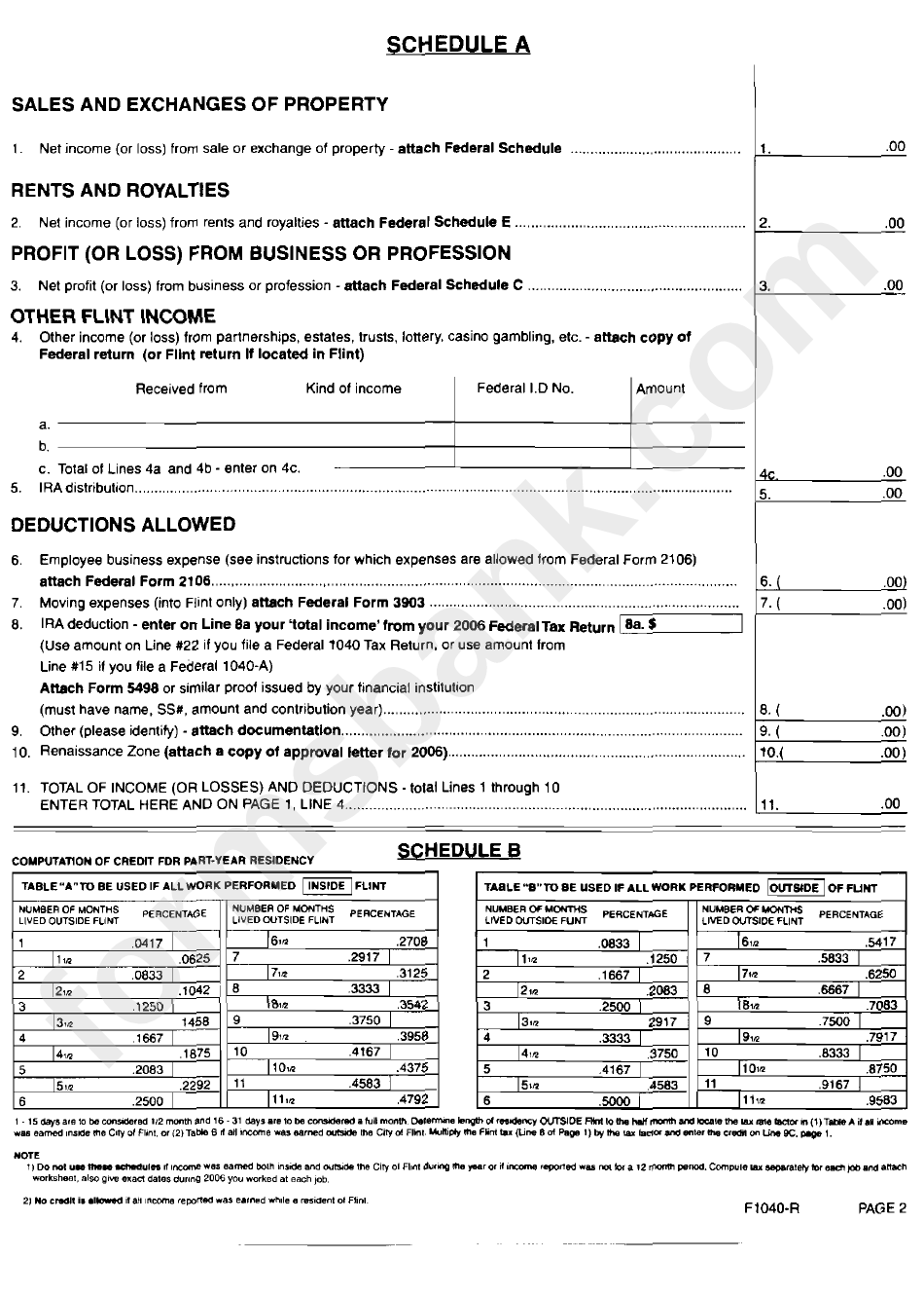 Form F-1040-R - City Of Flint Resident Individual Income Tax Return - 2006