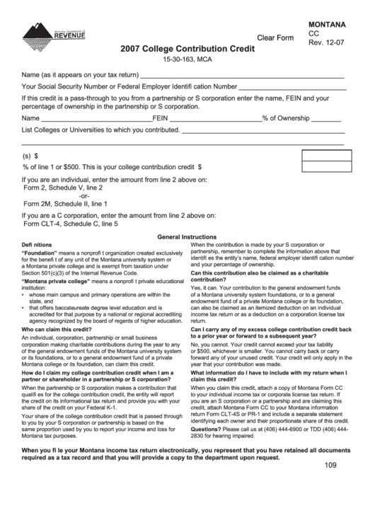 Fillable Montana Form Cc - College Contribution Credit - 2007 Printable pdf