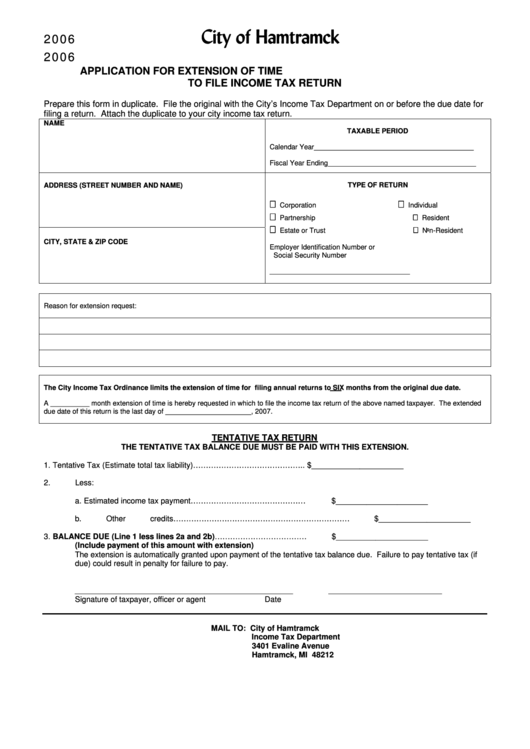 Application For Extension Of Time To File Income Tax Return - City Of Hamtramck - 2006 Printable pdf