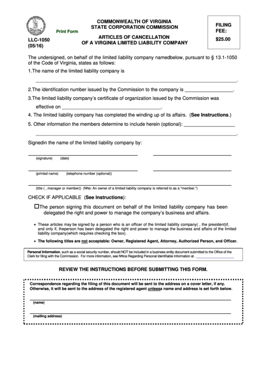 Fillable Form Llc-1050 - Articles Of Cancellation Of A Virginia Limited Liability Company Printable pdf