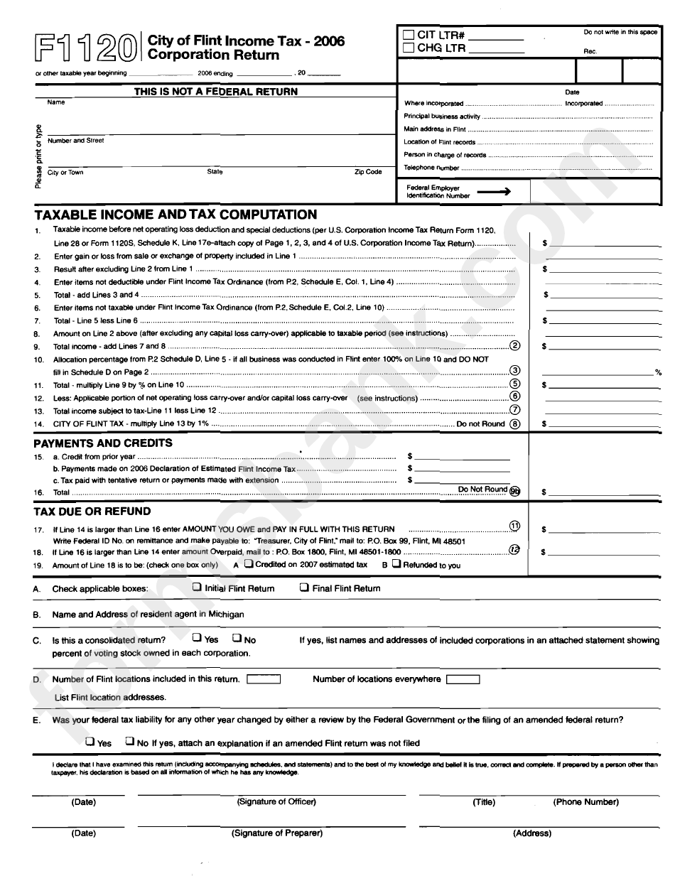 Form F1120 - City Of Flint Income Tax Corporation Return - 2006