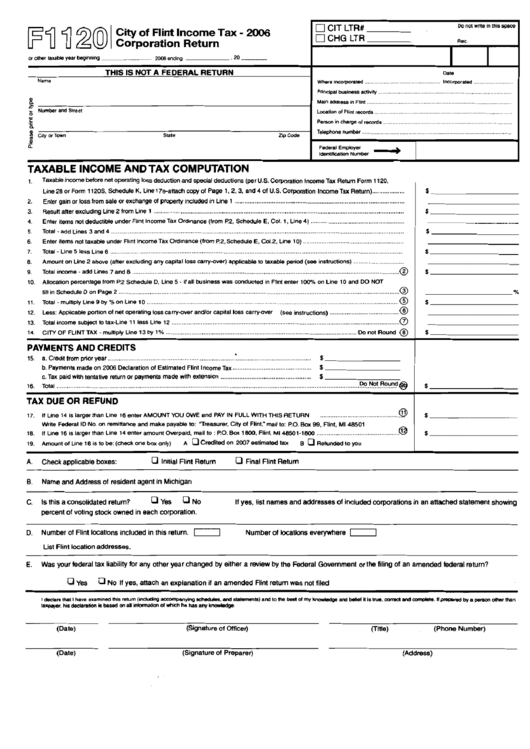 Form F1120 - City Of Flint Income Tax Corporation Return - 2006 Printable pdf