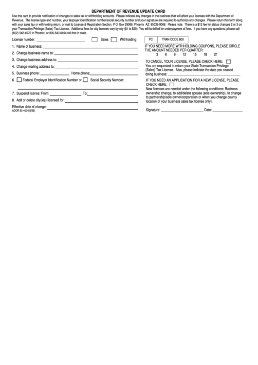 Fillable Form Ador 50-4004 - Update Card Printable pdf