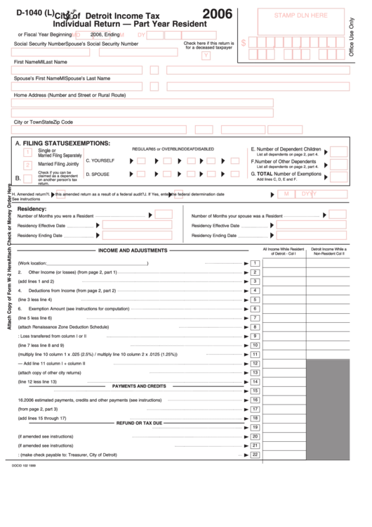 Fillable Form D-1040 (L) - City Of Detroit Income Tax Individual Return - Part Year Resident - 2006 Printable pdf
