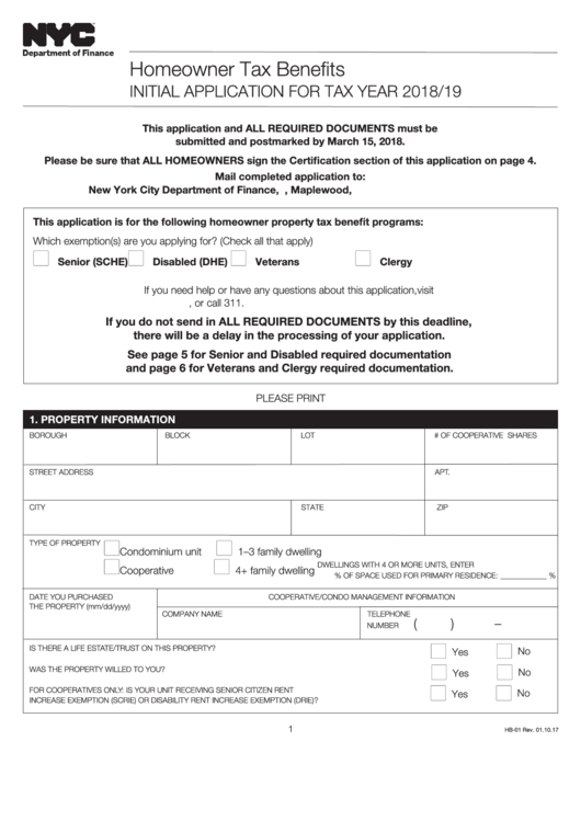 Fillable Form Hb-01 - Homeowner Tax Benefits Initial Application - 2018/2019 Printable pdf