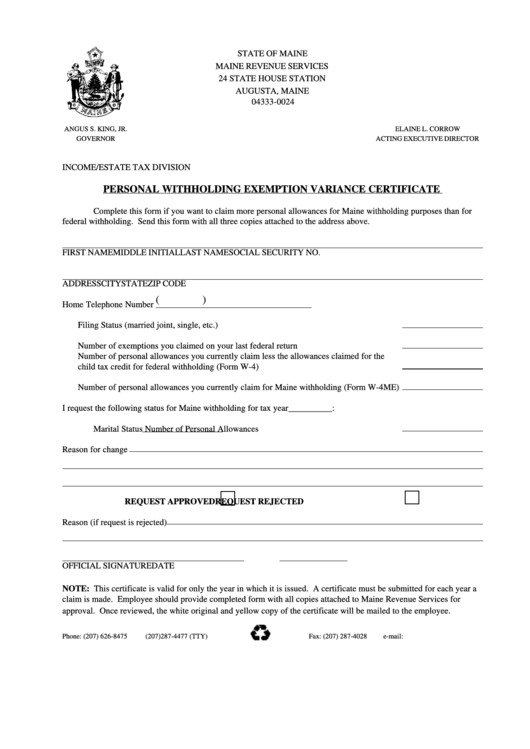 Fillable Personal Withholding Exemption Variance Certificate Form ...