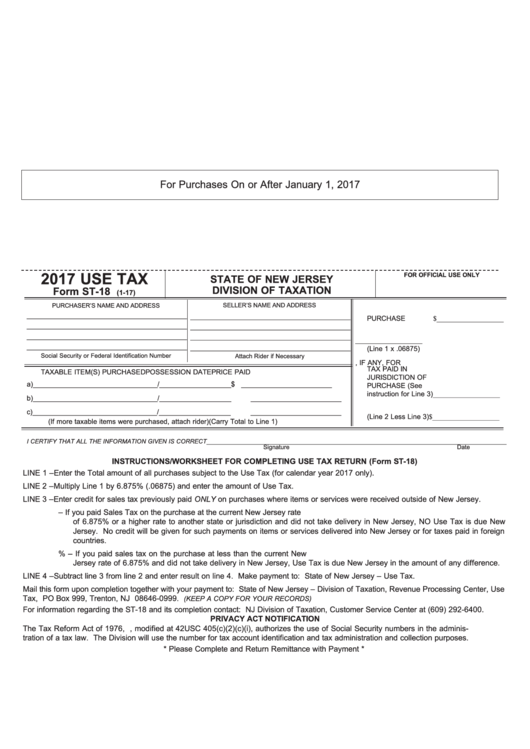 Form St-18 - Use Tax - New Jersey Division Of Taxation - 2017 Printable pdf