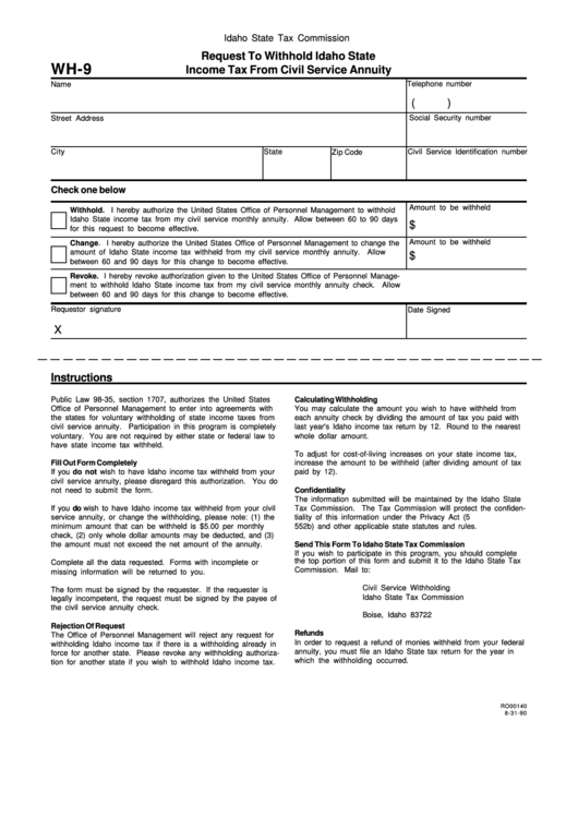 Fillable Form Wh-9 - Request To Withhold Idaho State Income Tax From Civil Service Annuity Printable pdf