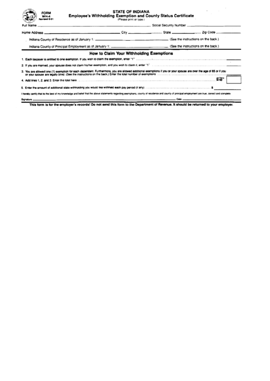 Form Wh-4 - Employee's Withholding Exemption And County Status Certificate