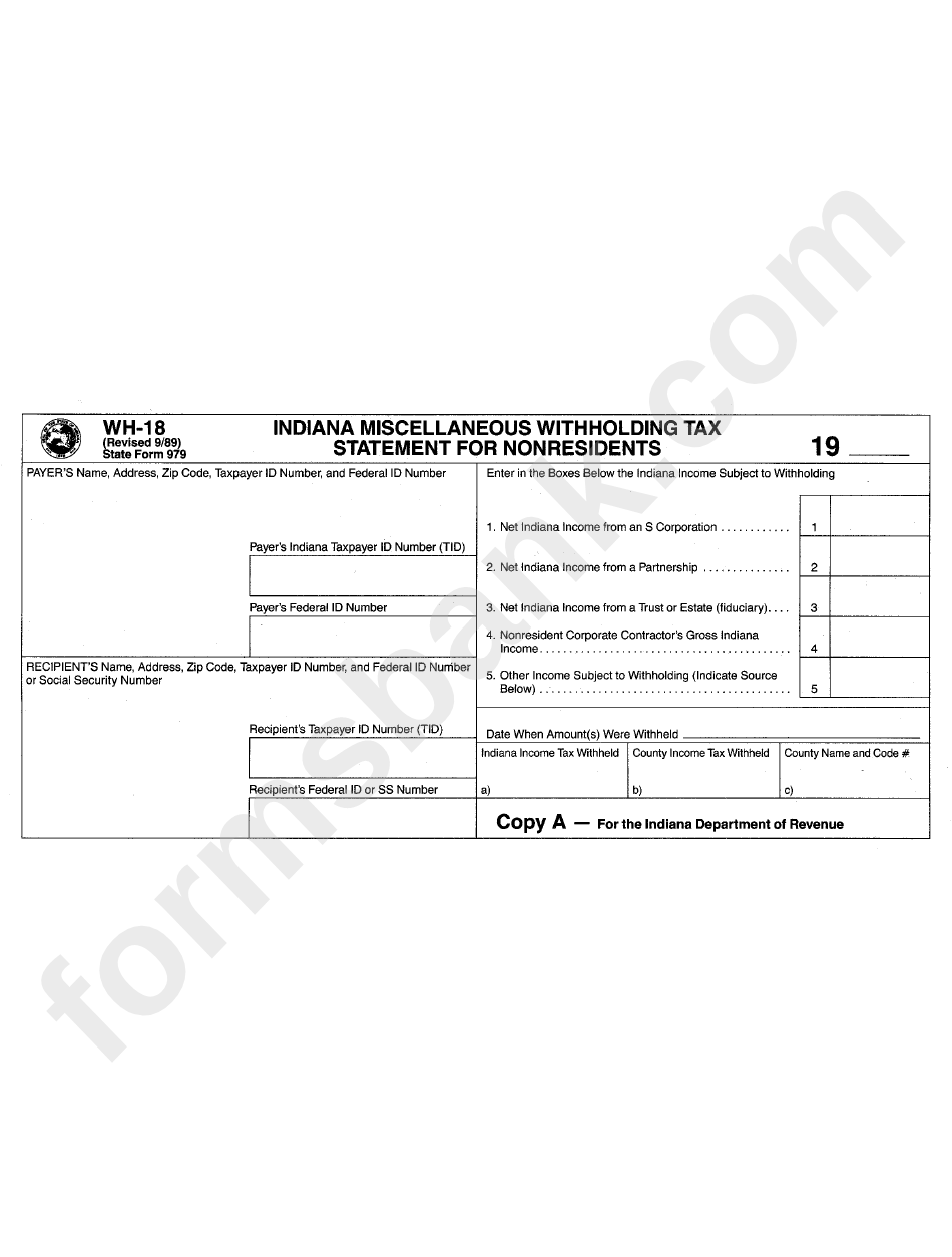 Fillable Form Wh18 Indiana Miscellaneous Withholding Tax Statement
