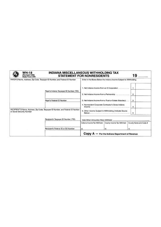 Fillable Form Wh-18 - Indiana Miscellaneous Withholding Tax Statement For Nonresidents Printable pdf