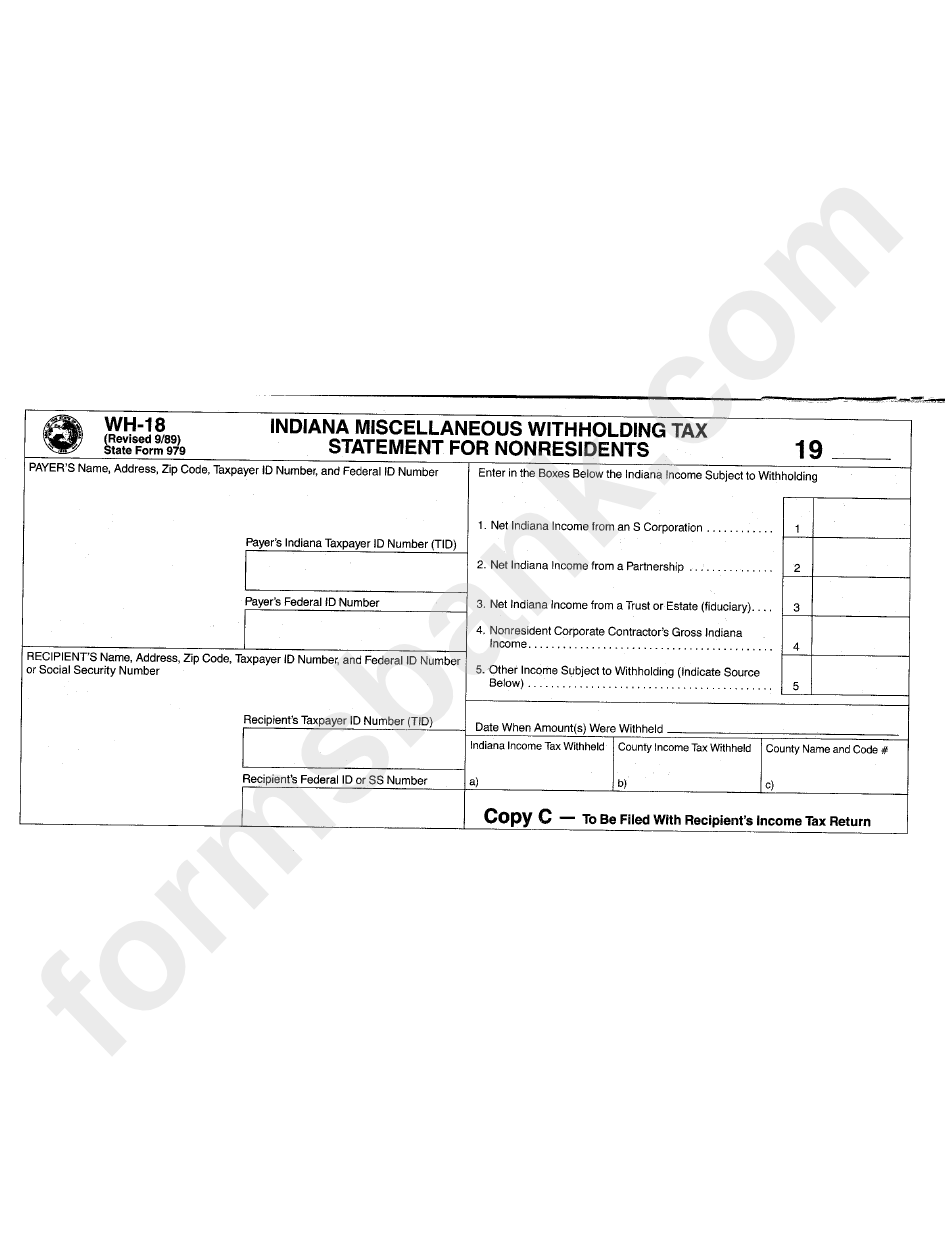 Form Wh-18 - Indiana Miscellaneous Withholding Tax Statement For Nonresidents