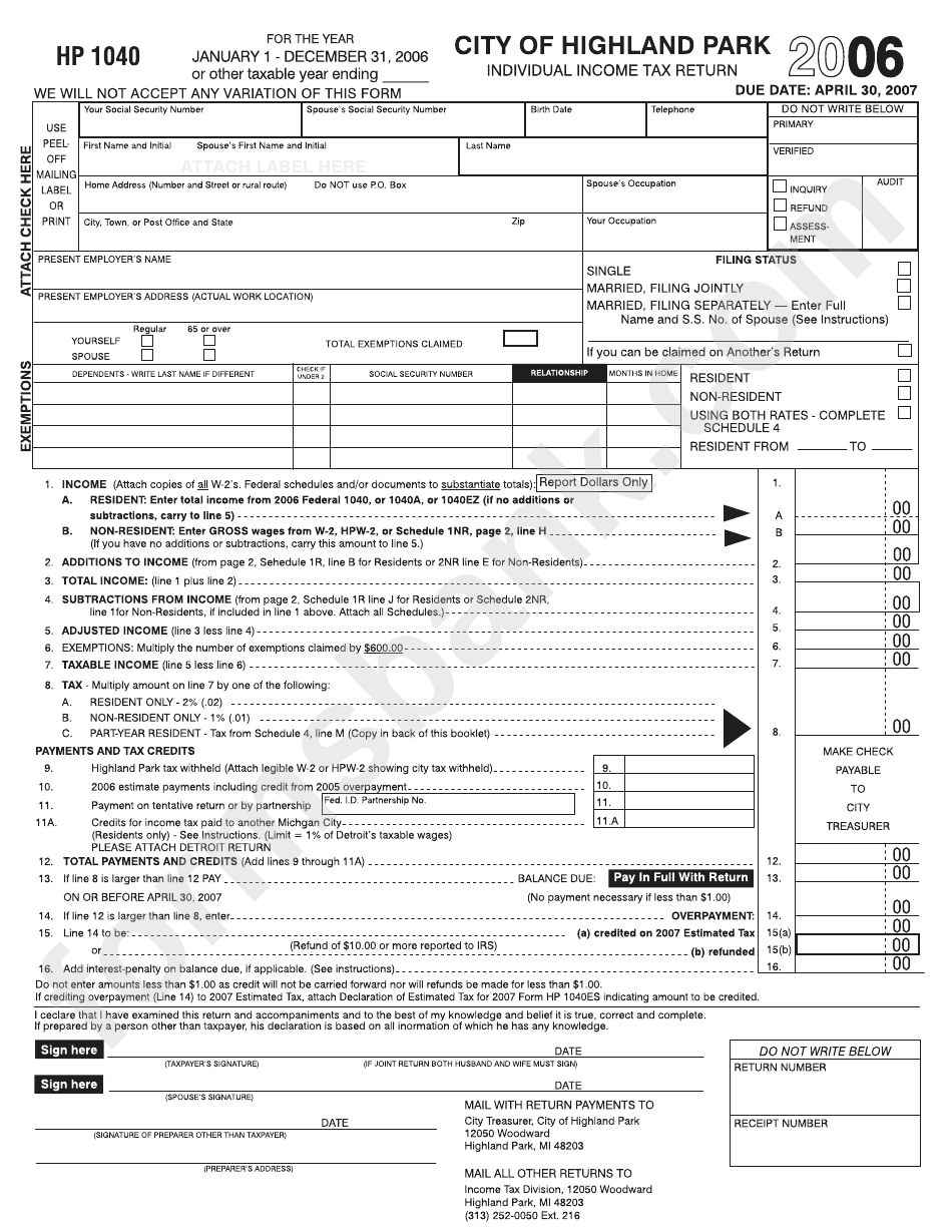 Form Hp 1040 - Individual Income Tax Return - City Of Highland Park - 2006