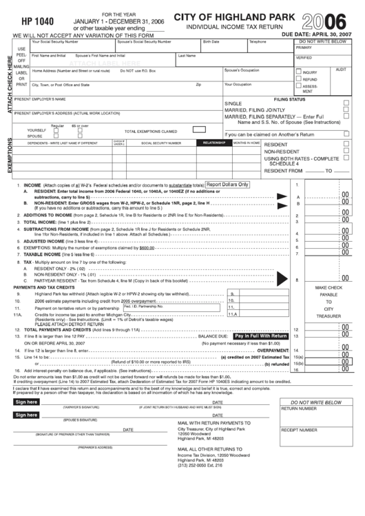 Form Hp 1040 - Individual Income Tax Return - City Of Highland Park - 2006 Printable pdf