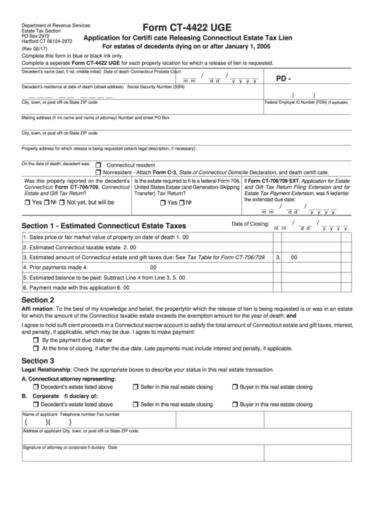 Form Ct-4422 Uge - Application For Certifi Cate Releasing Connecticut Estate Tax Lien Printable pdf