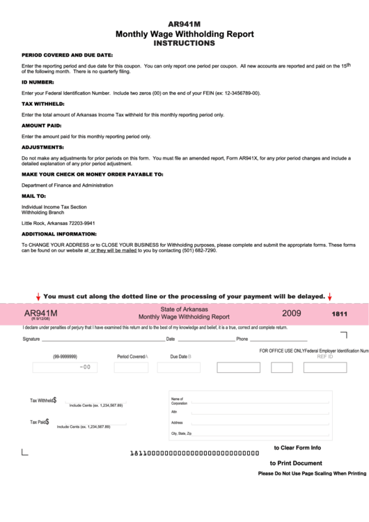 Fillable Form Ar941m - State Of Arkansas Monthly Wage Withholding Report - 2009 Printable pdf