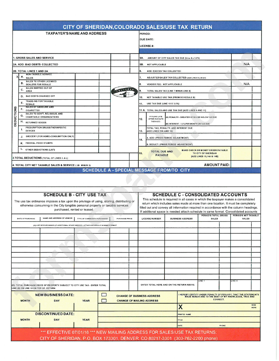 Sales / Use Tax Return City Of Sheridan printable pdf download