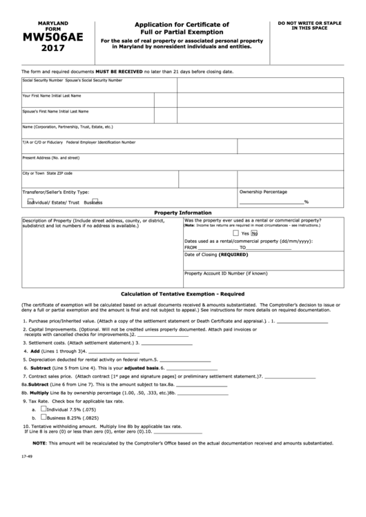 Fillable Form Mw506ae - Application For Certificate Of Full Or Partial Exemption - 2017 Printable pdf