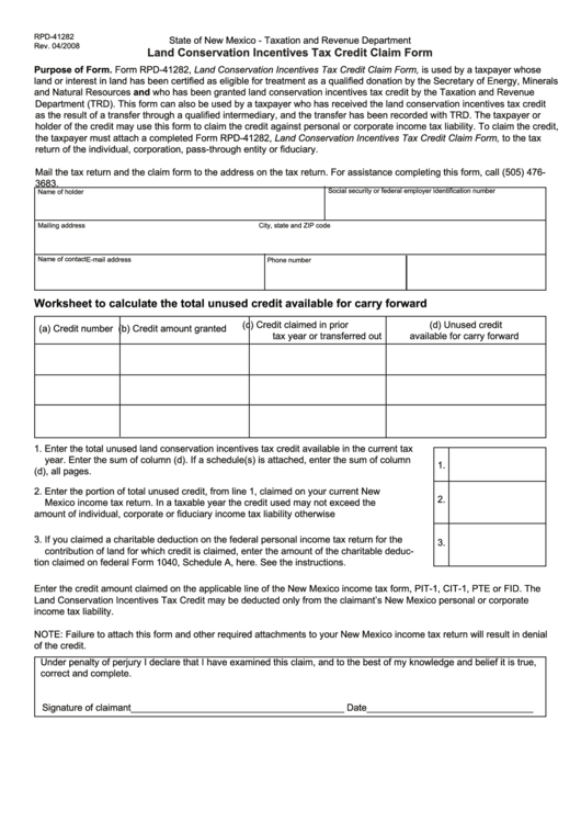 Form Rpd-41282 - Land Conservation Incentives Tax Credit Claim Form Printable pdf