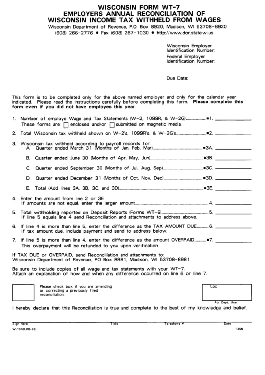Fillable Form Wt-7 - Employers Annual Reconciliation Of Wisconsin Income Tax Withheld From Wages Printable pdf
