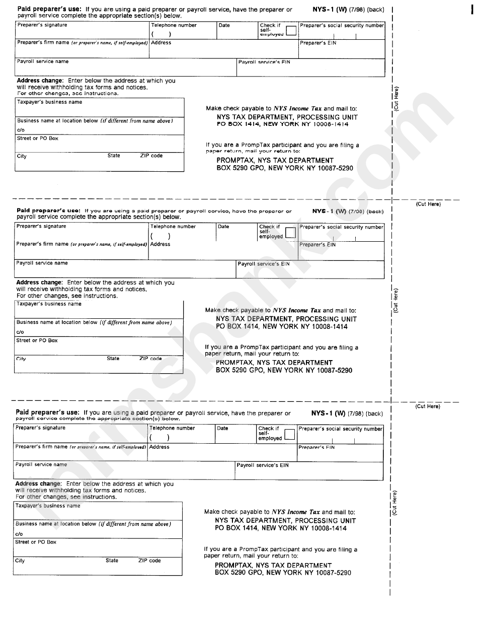 Form Nys-1 (W) - Return Of Tax Withheld