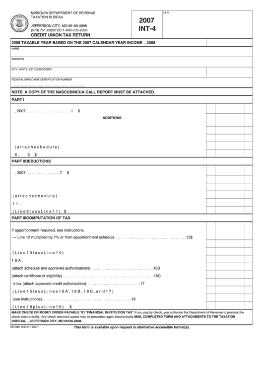Fillable Form Int-4 - Credit Union Tax Return - 2007 Printable pdf