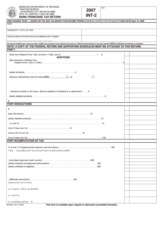 Fillable Form Int-2 - Bank Franchise Tax Return - 2007 Printable pdf