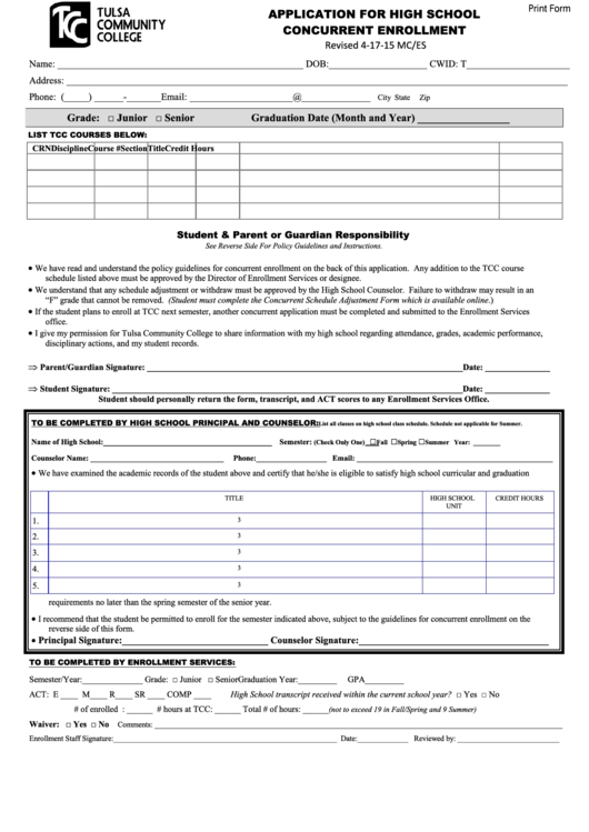 Fillable Application For High School Concurrent Enrollment - Tulsa Community College Printable pdf