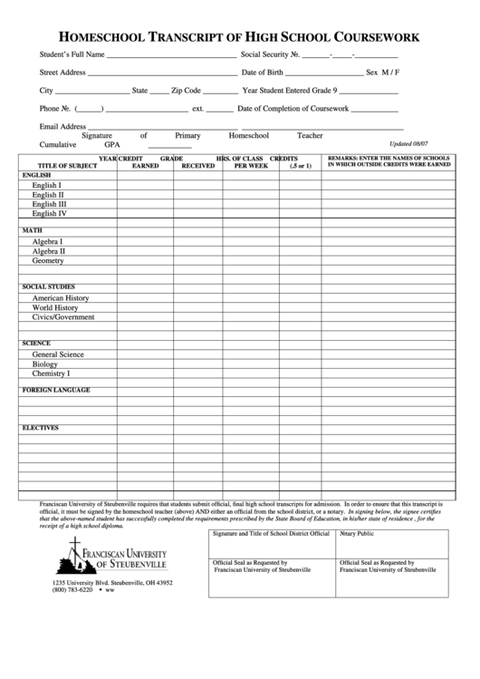 Homeschool Transcript Of High School Coursework - Franciscan University Of Steubenville Printable pdf