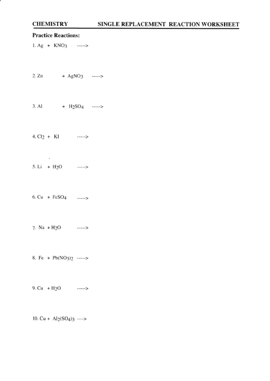 Chemistry - Single Replacement Reaction Worksheet Printable pdf