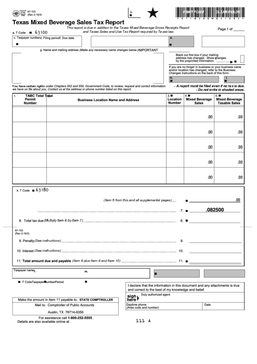 Fillable Form 67-103 - Texas Mixed Beverage Sales Tax Report Printable pdf