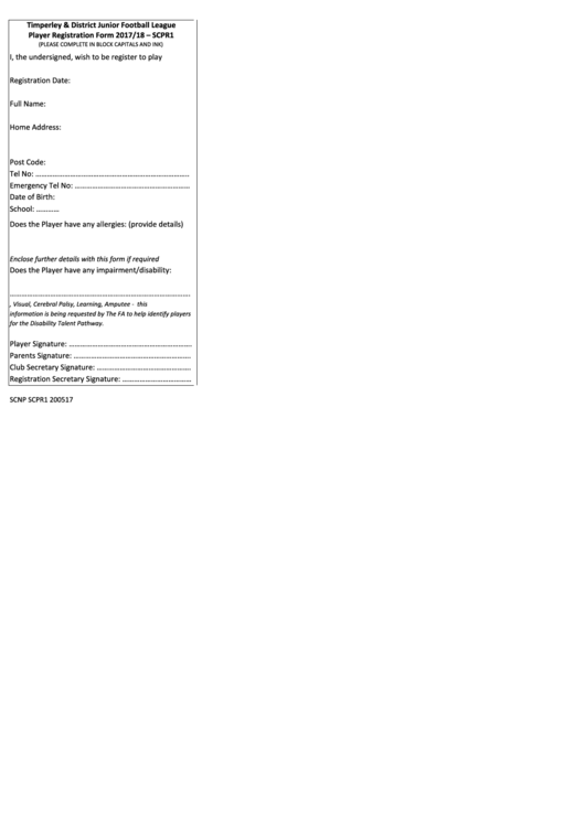 Timperley & District Junior Football League Player Registration Form - 2017/18 Printable pdf
