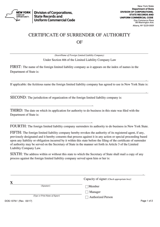 Fillable Form Dos-1379-F - Certificate Of Surrender Of Authority Printable pdf