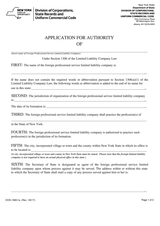 Fillable Form Dos-1369-F-A - Application For Authority Printable pdf