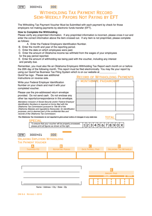 Fillable Form Ow-9-A - Oklahoma Employers Withholding Tax Payment Voucher Printable pdf