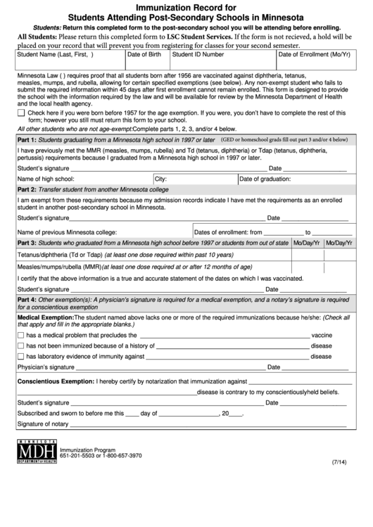 Immunization Record For Students Attending Post-Secondary Schools In Minnesota Printable pdf