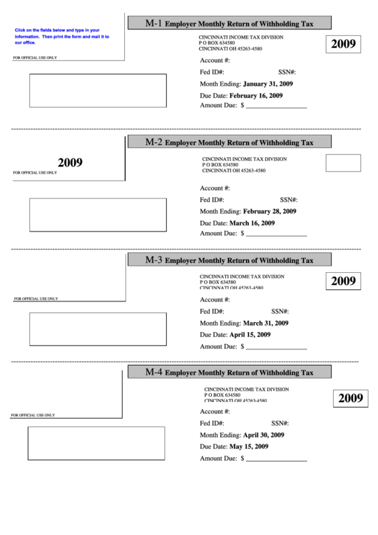 Fillable Employer Monthly Return Of Withholding Tax - 2009 - City Of Cincinnati Printable pdf
