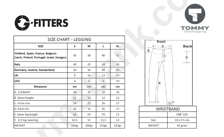 G-Fitters Legging, Wristband Size Chart