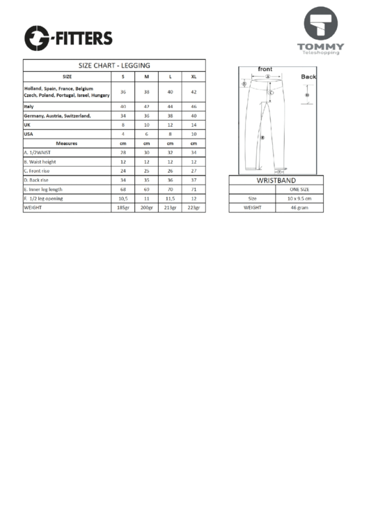 G-Fitters Legging, Wristband Size Chart Printable pdf