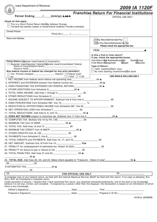 Form Ia 1120f - Franchise Return For Financial Institutions - 2009 Printable pdf