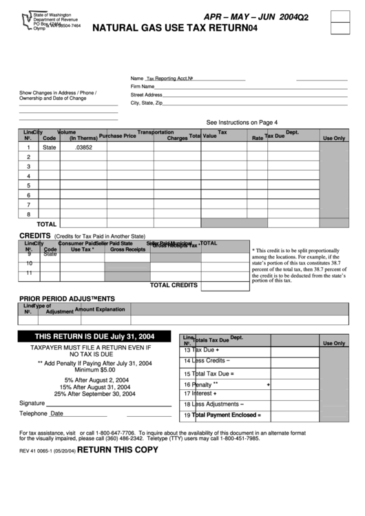 Form Rev 41 0065-4 - Natural Gas Use Tax Return Apr - May - Jun 2004 Printable pdf