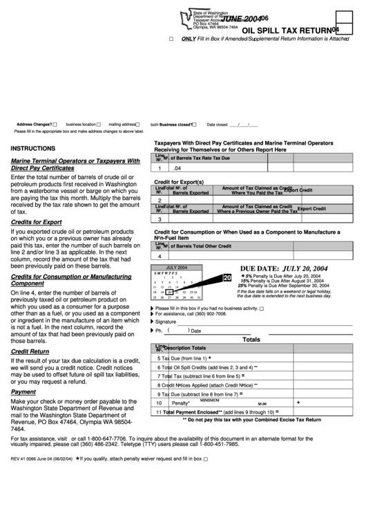 Rev 41 0066 - Oil Spill Tax Return - June 2004 Printable pdf