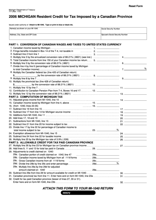 Fillable Form 777 - Michigan Resident Credit For Tax Imposed By A Canadian Province - 2006 Printable pdf
