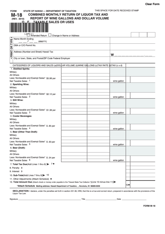 Fillable Form M-18 - Combined Monthly Return Of Liquor Tax And Report Of Wine Gallons And Dollar Volume Of Taxable Sales Or Uses Printable pdf