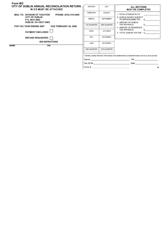 Fillable Form W3 - City Of Dublin Annual Reconciliation Return Printable pdf
