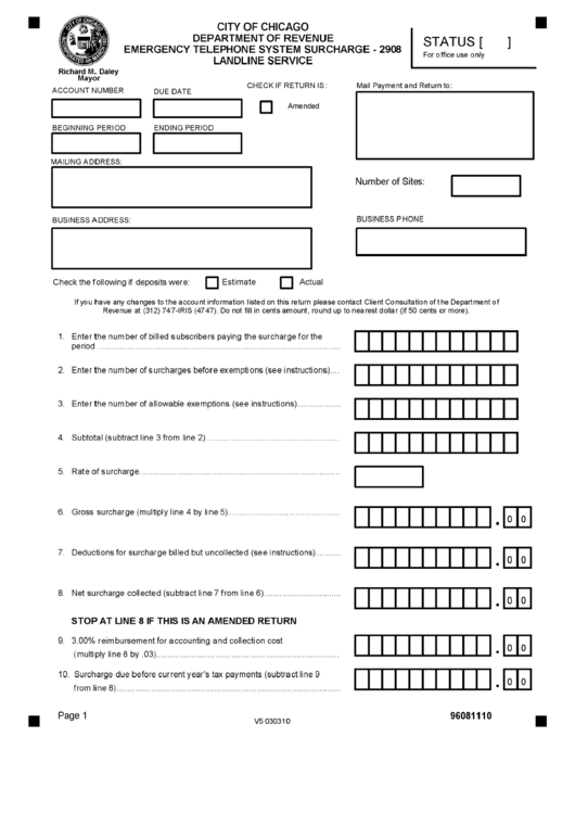 Form 2908 - Emergency Telephone System Surcharge Landline Servise Printable pdf