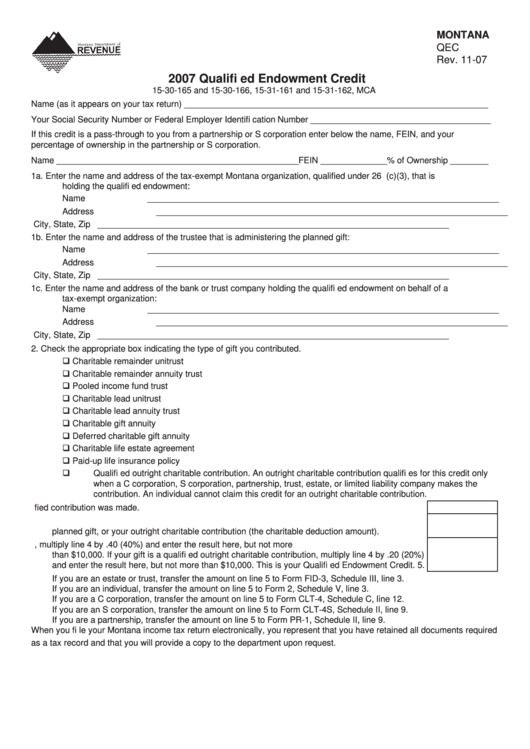 Fillable Montana Form Qec - Qualified Endowment Credit - 2007 Printable pdf